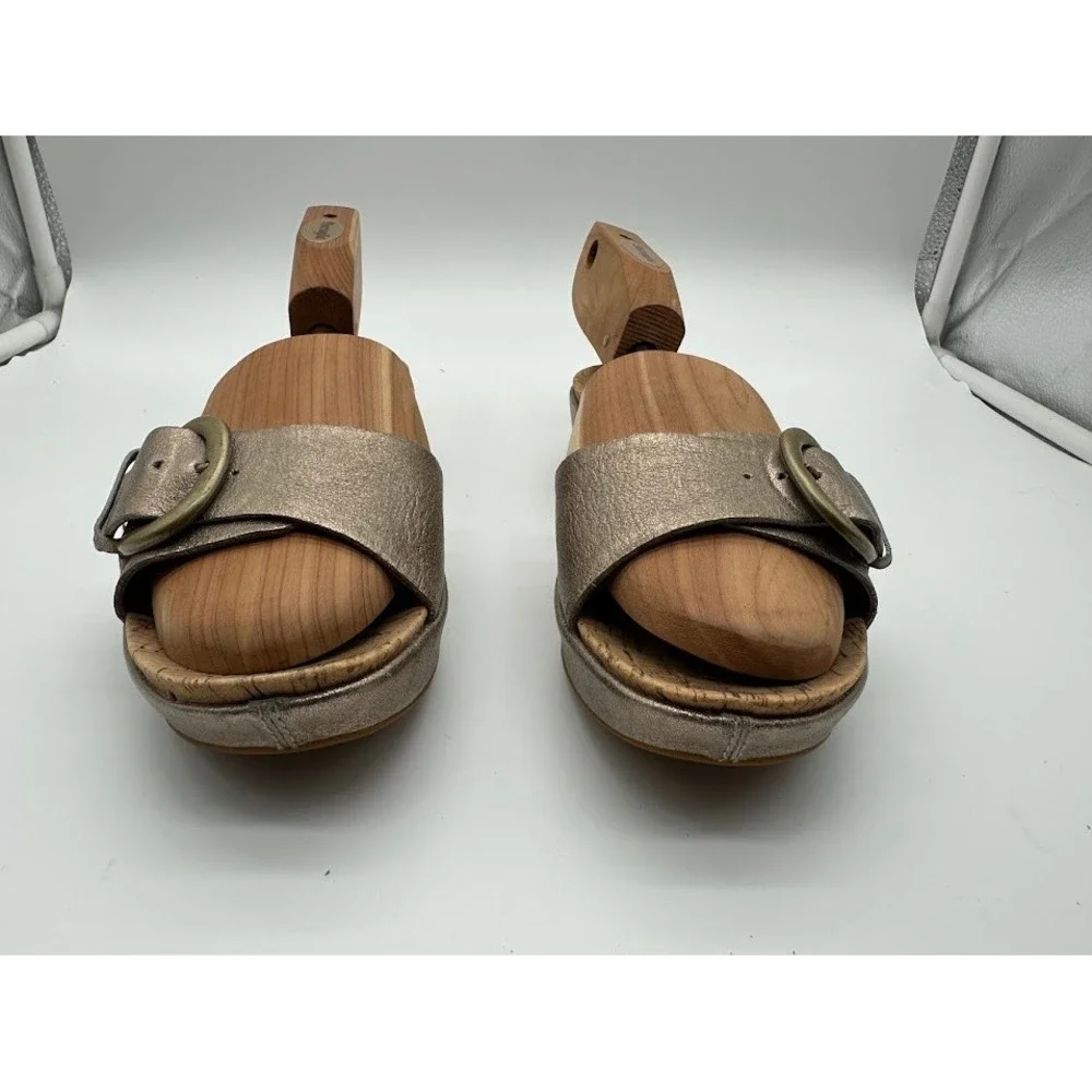 Kork-Ease Womens Metallic Bronze Leather Buckle Cork Wedge Slide Sandals